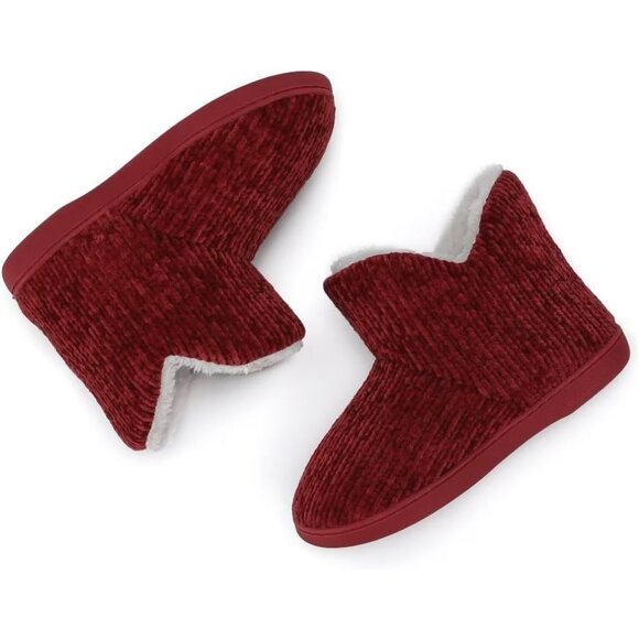Women's Winter Warm Fluffy Fur Lined Plush Red Bootie Slippers Shoes - Picture 6 of 7
